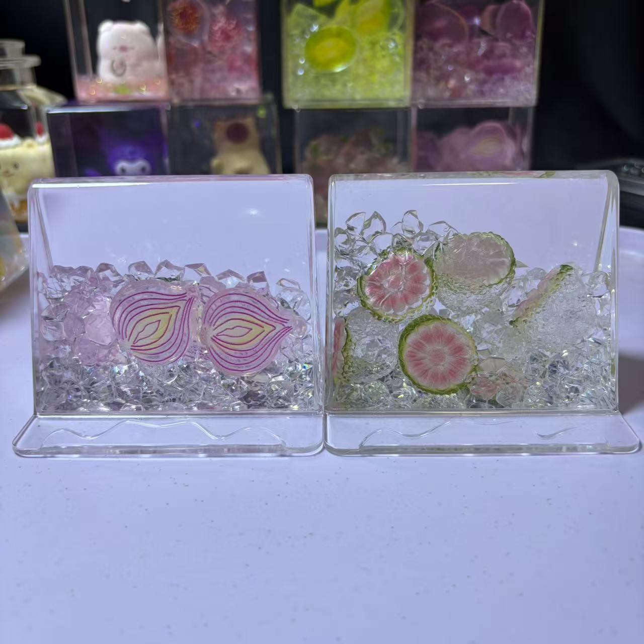 7cm*7cm Clear Square Liquid Floating Shake Ornament Customizable Floating Figure Liquid Hourglass Shake Toy Cute Cartoon Hello Kitty Moon Scene & Lime Ice Cube Stress Relief Fidget Shaker Desk Decor Ornament 2 Pack 69.9 USD Mix & Match Custom Design Avail